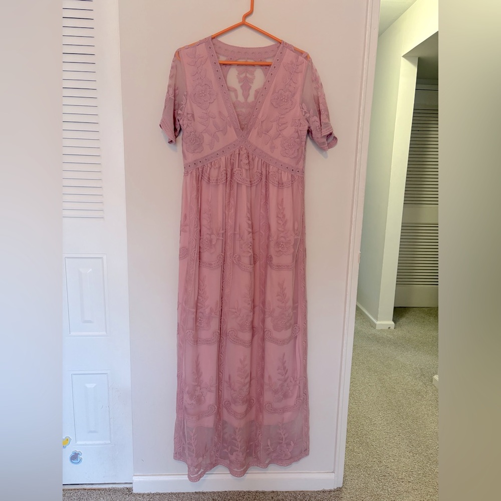 Pink maternity maxi dress with lace detail